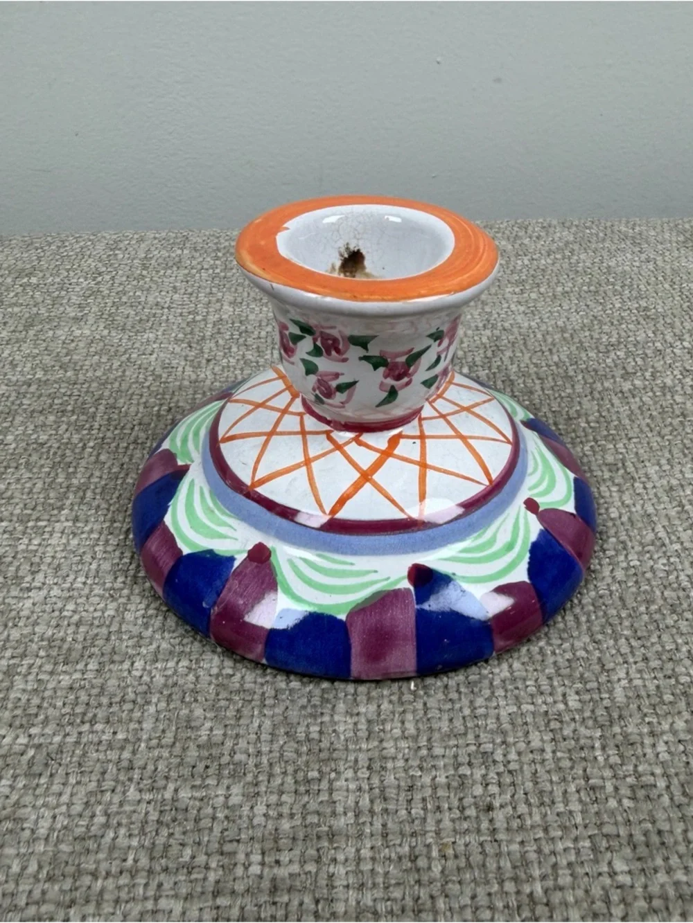 Vintage Handpainted Whimsical Taper Candle Stick Holder Ceramic Floral Whimsy